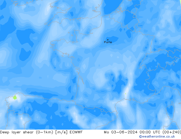 Deep layer shear (0-1km) ECMWF Pzt 03.06.2024 00 UTC