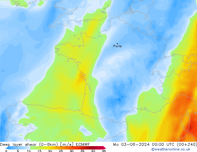 Deep layer shear (0-6km) ECMWF lun 03.06.2024 00 UTC