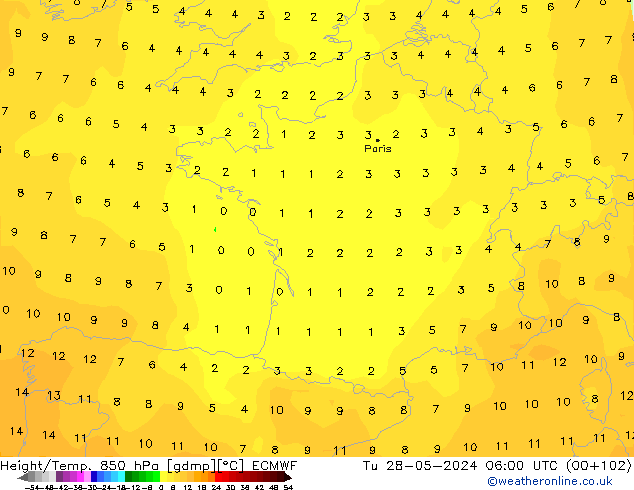 Height/Temp. 850 hPa ECMWF Út 28.05.2024 06 UTC