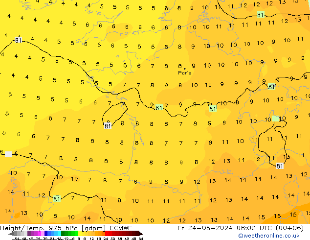 Hoogte/Temp. 925 hPa ECMWF vr 24.05.2024 06 UTC