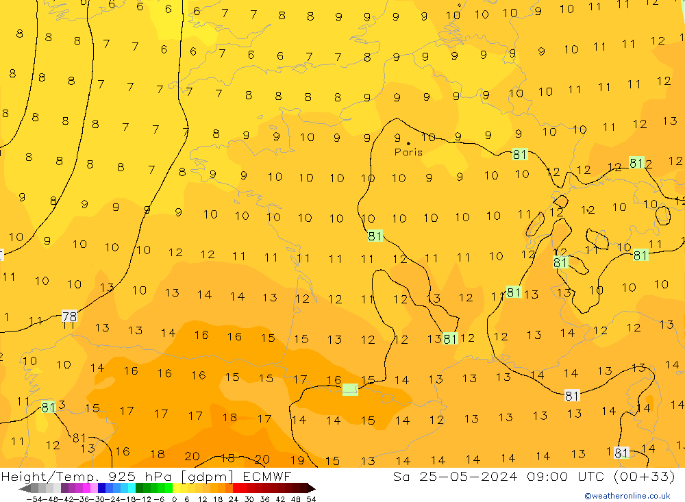 Height/Temp. 925 hPa ECMWF Sa 25.05.2024 09 UTC