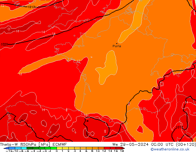 Theta-W 850hPa ECMWF St 29.05.2024 00 UTC