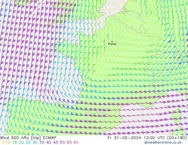 Vento 500 hPa ECMWF Sex 31.05.2024 12 UTC