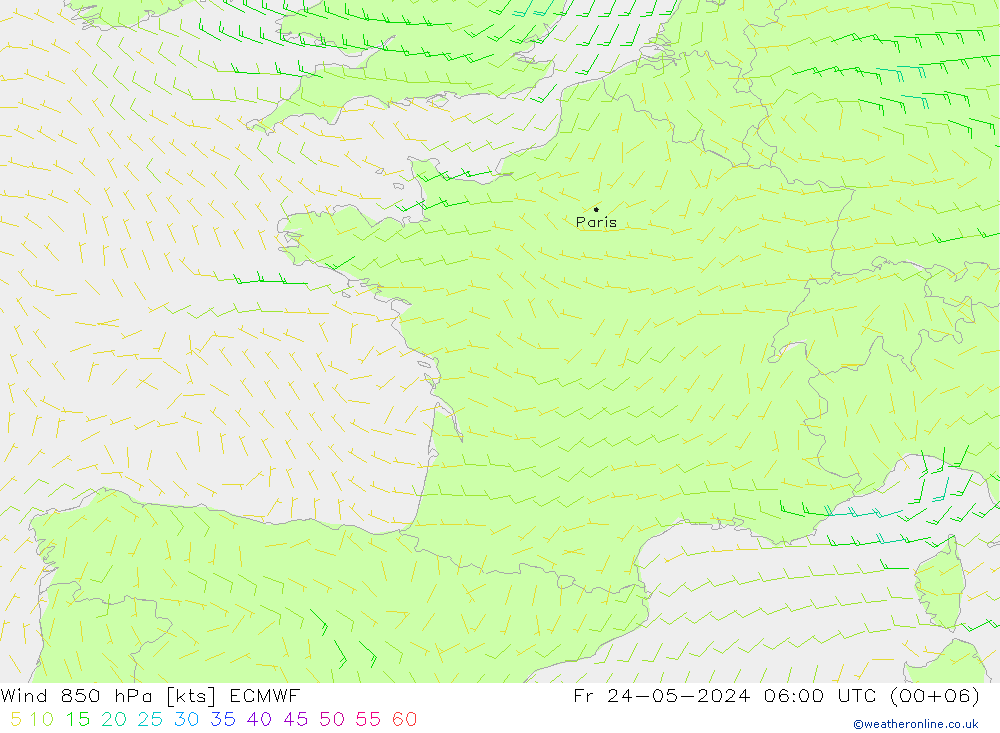 Wind 850 hPa ECMWF Fr 24.05.2024 06 UTC