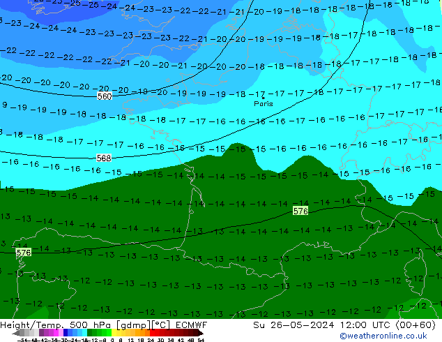 Z500/Yağmur (+YB)/Z850 ECMWF Paz 26.05.2024 12 UTC