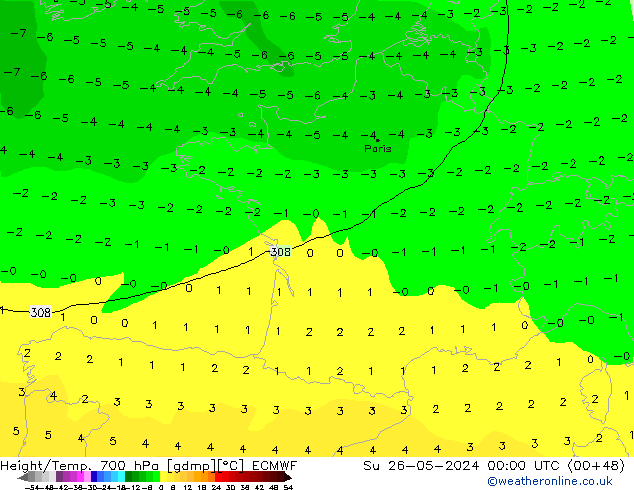 Geop./Temp. 700 hPa ECMWF dom 26.05.2024 00 UTC