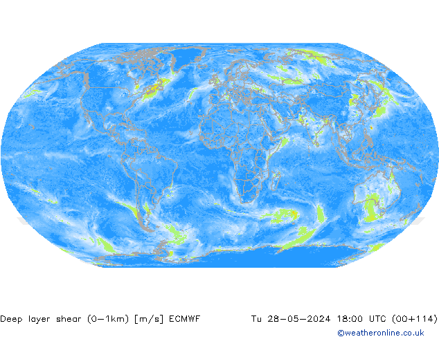 Deep layer shear (0-1km) ECMWF Út 28.05.2024 18 UTC