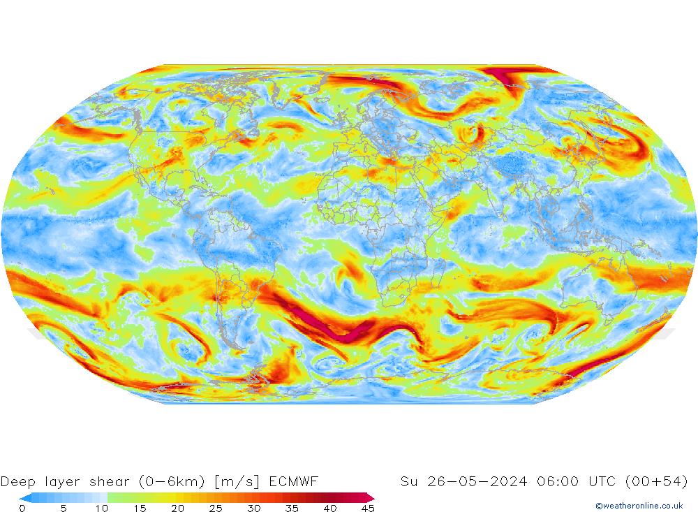 Deep layer shear (0-6km) ECMWF Su 26.05.2024 06 UTC
