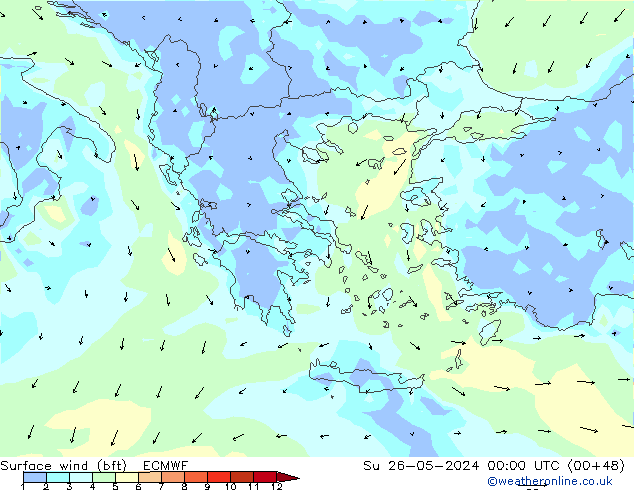 Rüzgar 10 m (bft) ECMWF Paz 26.05.2024 00 UTC