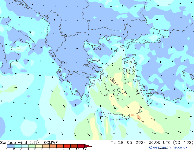 Surface wind (bft) ECMWF Tu 28.05.2024 06 UTC