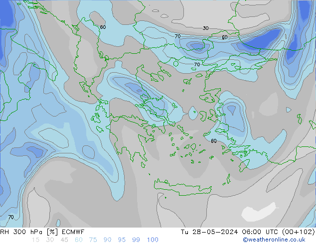Humidité rel. 300 hPa ECMWF mar 28.05.2024 06 UTC