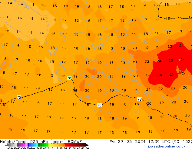 Height/Temp. 925 hPa ECMWF mer 29.05.2024 12 UTC