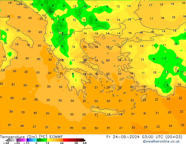 Temperature (2m) ECMWF Fr 24.05.2024 03 UTC