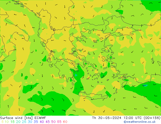 Surface wind ECMWF Čt 30.05.2024 12 UTC