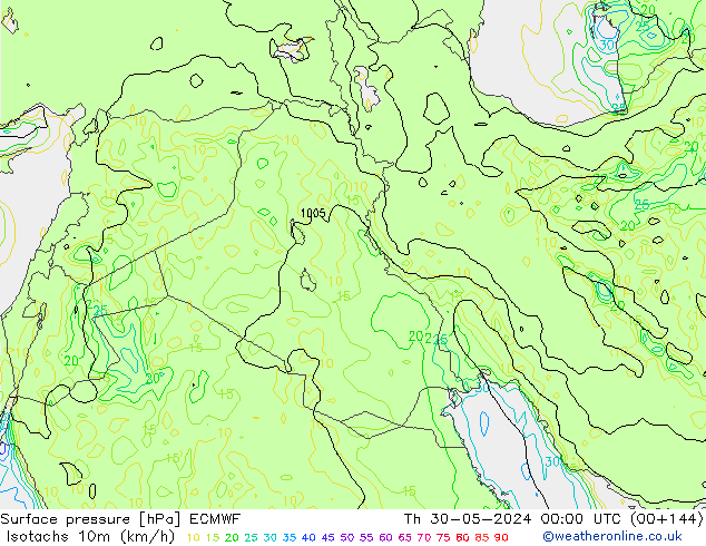 Isotachs (kph) ECMWF  30.05.2024 00 UTC