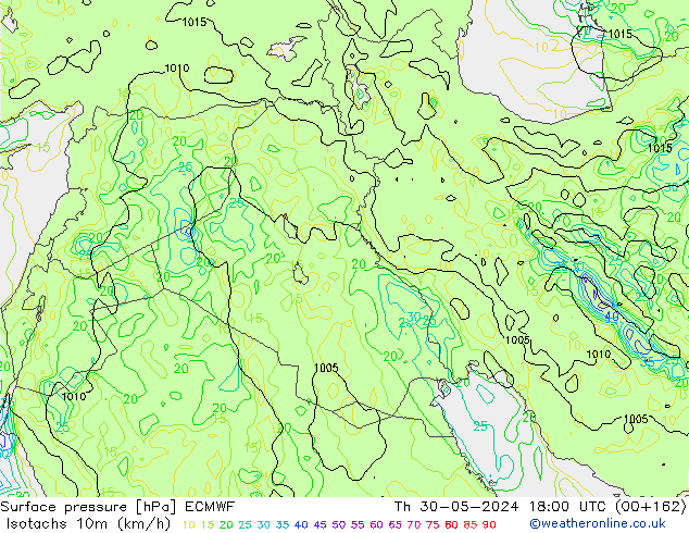 Izotacha (km/godz) ECMWF czw. 30.05.2024 18 UTC