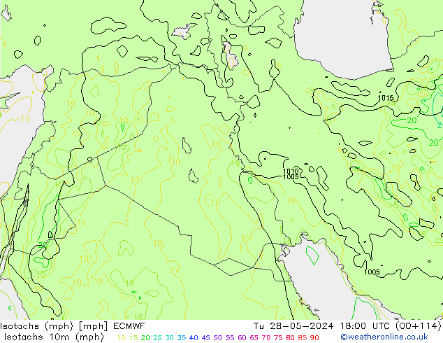 Isotachs (mph) ECMWF Út 28.05.2024 18 UTC