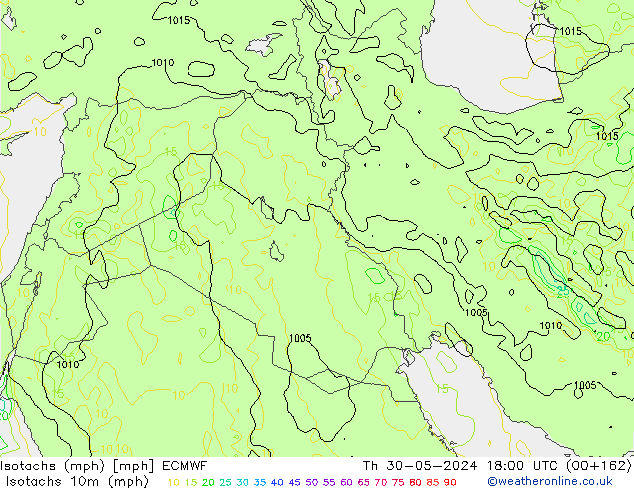 Isotachs (mph) ECMWF Qui 30.05.2024 18 UTC