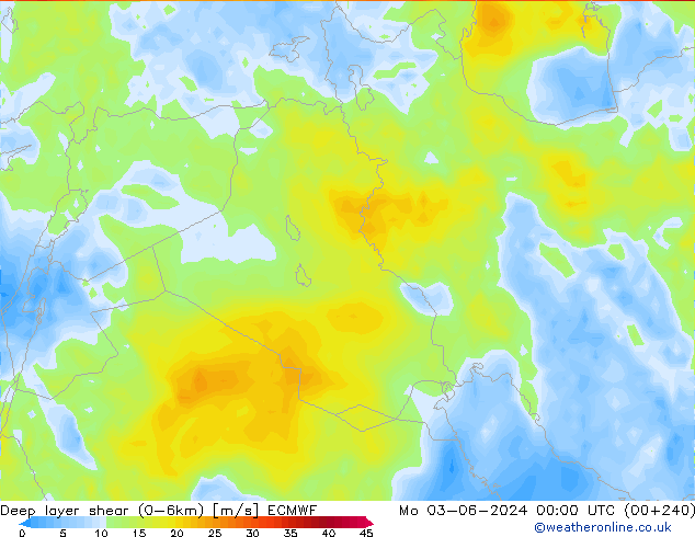 Deep layer shear (0-6km) ECMWF Mo 03.06.2024 00 UTC