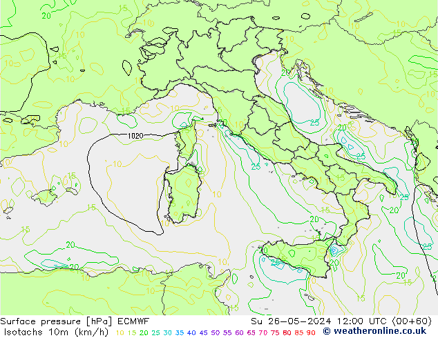 Isotachs (kph) ECMWF dom 26.05.2024 12 UTC