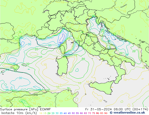 Isotachs (kph) ECMWF Pá 31.05.2024 06 UTC