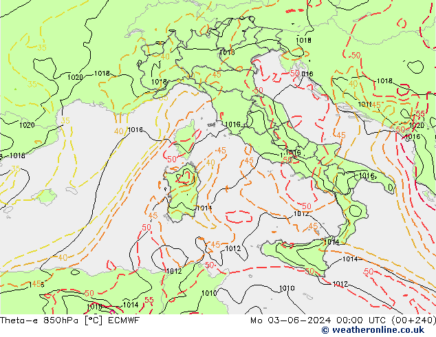 Theta-e 850hPa ECMWF Mo 03.06.2024 00 UTC