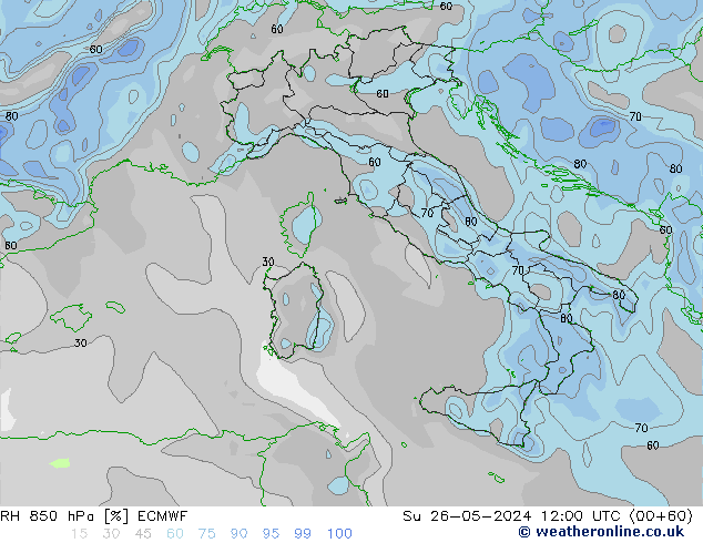 Humidité rel. 850 hPa ECMWF dim 26.05.2024 12 UTC