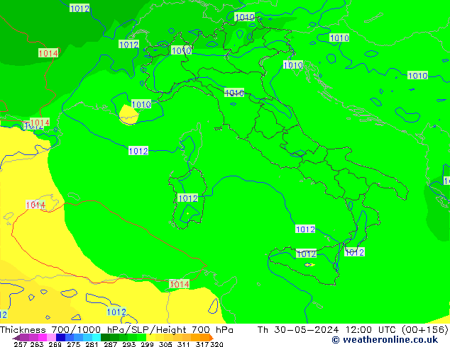 Thck 700-1000 hPa ECMWF Čt 30.05.2024 12 UTC