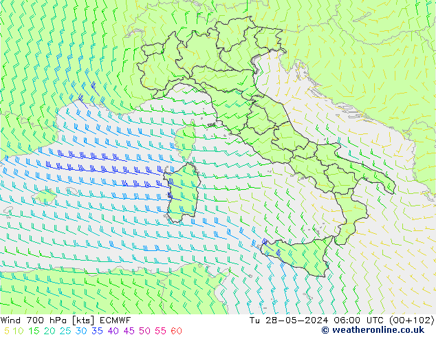 Wind 700 hPa ECMWF Tu 28.05.2024 06 UTC