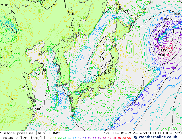 Isotachs (kph) ECMWF Sa 01.06.2024 06 UTC