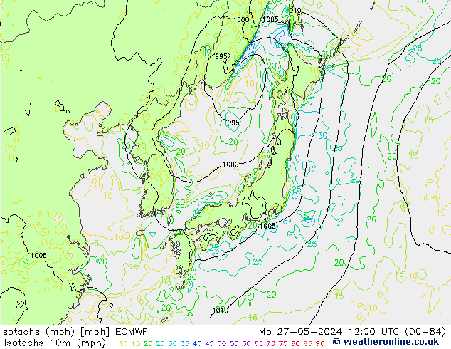 Isotachen (mph) ECMWF Mo 27.05.2024 12 UTC