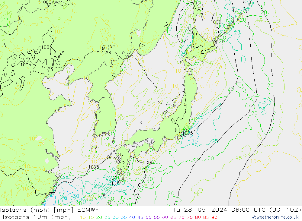 Isotachen (mph) ECMWF di 28.05.2024 06 UTC