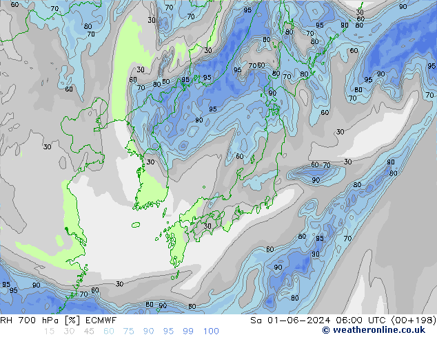 RH 700 hPa ECMWF Sa 01.06.2024 06 UTC