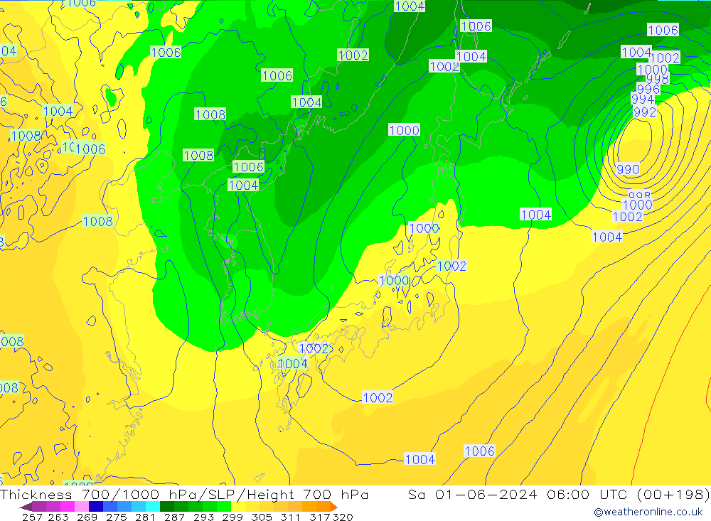 Thck 700-1000 hPa ECMWF Sa 01.06.2024 06 UTC