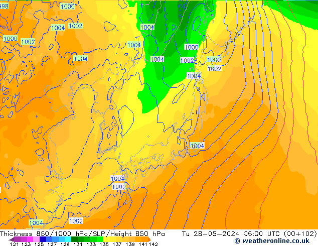 Thck 850-1000 hPa ECMWF Tu 28.05.2024 06 UTC