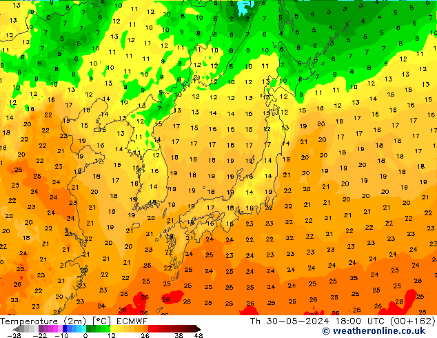 Temperatura (2m) ECMWF gio 30.05.2024 18 UTC