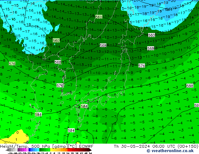 Z500/Rain (+SLP)/Z850 ECMWF Th 30.05.2024 06 UTC