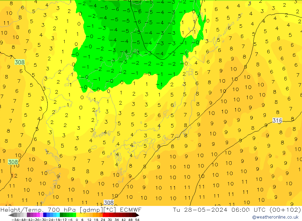 Height/Temp. 700 hPa ECMWF Tu 28.05.2024 06 UTC