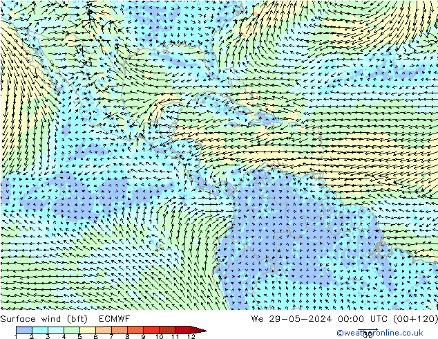 Viento 10 m (bft) ECMWF mié 29.05.2024 00 UTC