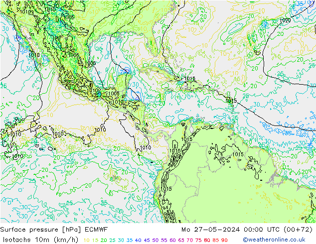 Isotachs (kph) ECMWF lun 27.05.2024 00 UTC