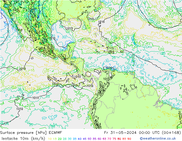 Isotachs (kph) ECMWF Pá 31.05.2024 00 UTC