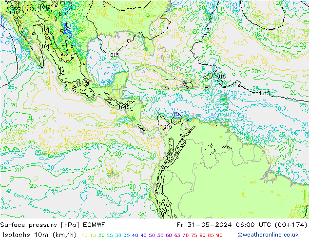 Isotachen (km/h) ECMWF vr 31.05.2024 06 UTC