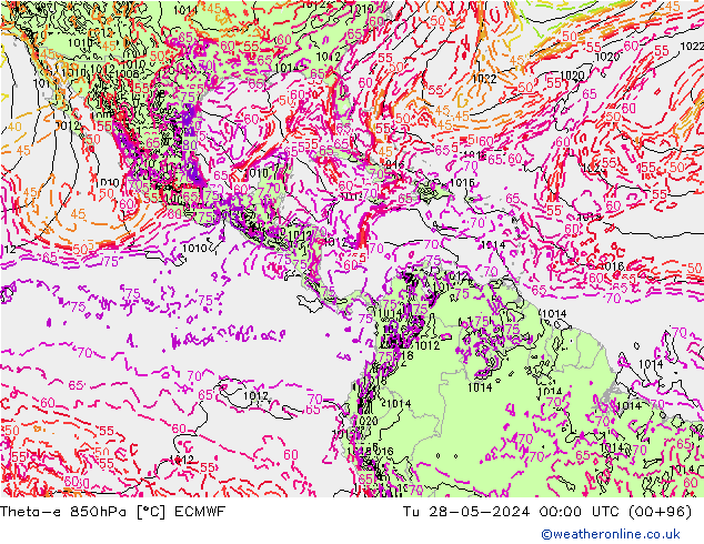 Theta-e 850hPa ECMWF wto. 28.05.2024 00 UTC