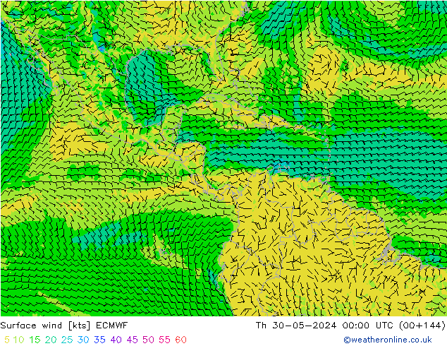 Vento 10 m ECMWF gio 30.05.2024 00 UTC