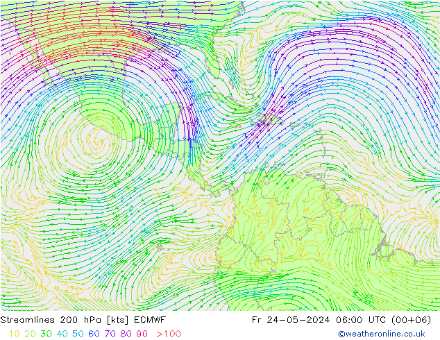 Rüzgar 200 hPa ECMWF Cu 24.05.2024 06 UTC