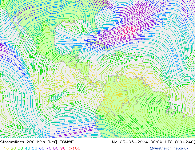 Linia prądu 200 hPa ECMWF pon. 03.06.2024 00 UTC