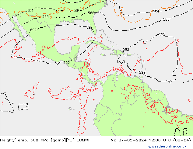 Height/Temp. 500 hPa ECMWF pon. 27.05.2024 12 UTC