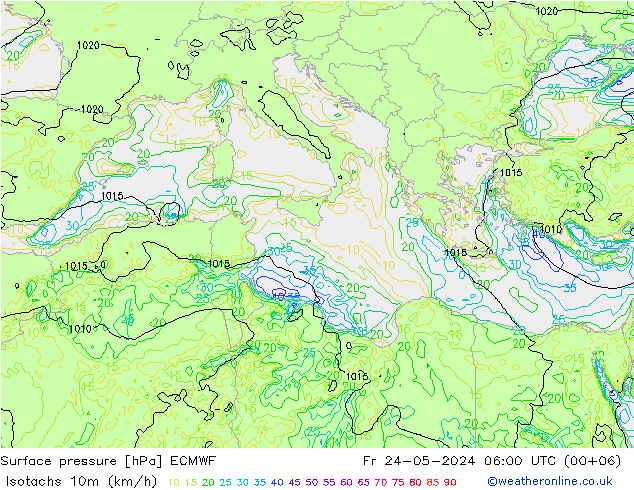 Isotachs (kph) ECMWF Sex 24.05.2024 06 UTC