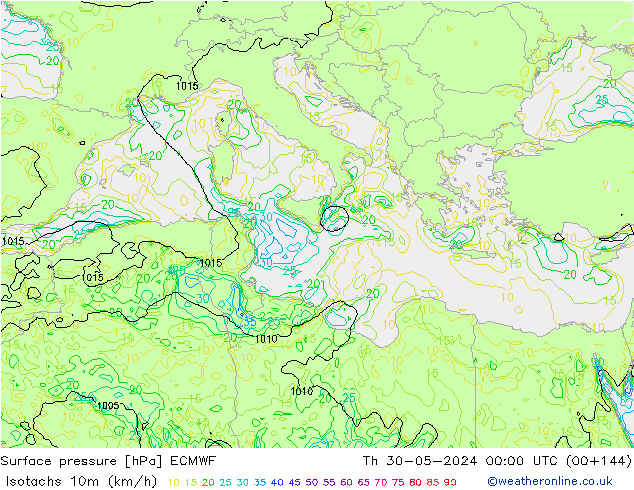 Isotachs (kph) ECMWF Th 30.05.2024 00 UTC