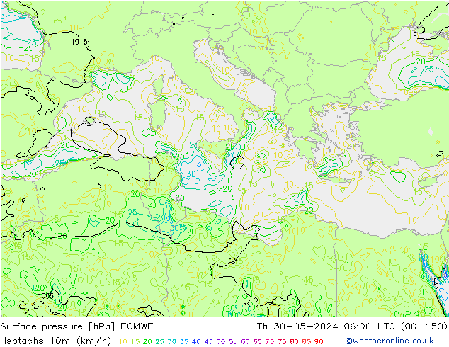 Isotachs (kph) ECMWF  30.05.2024 06 UTC